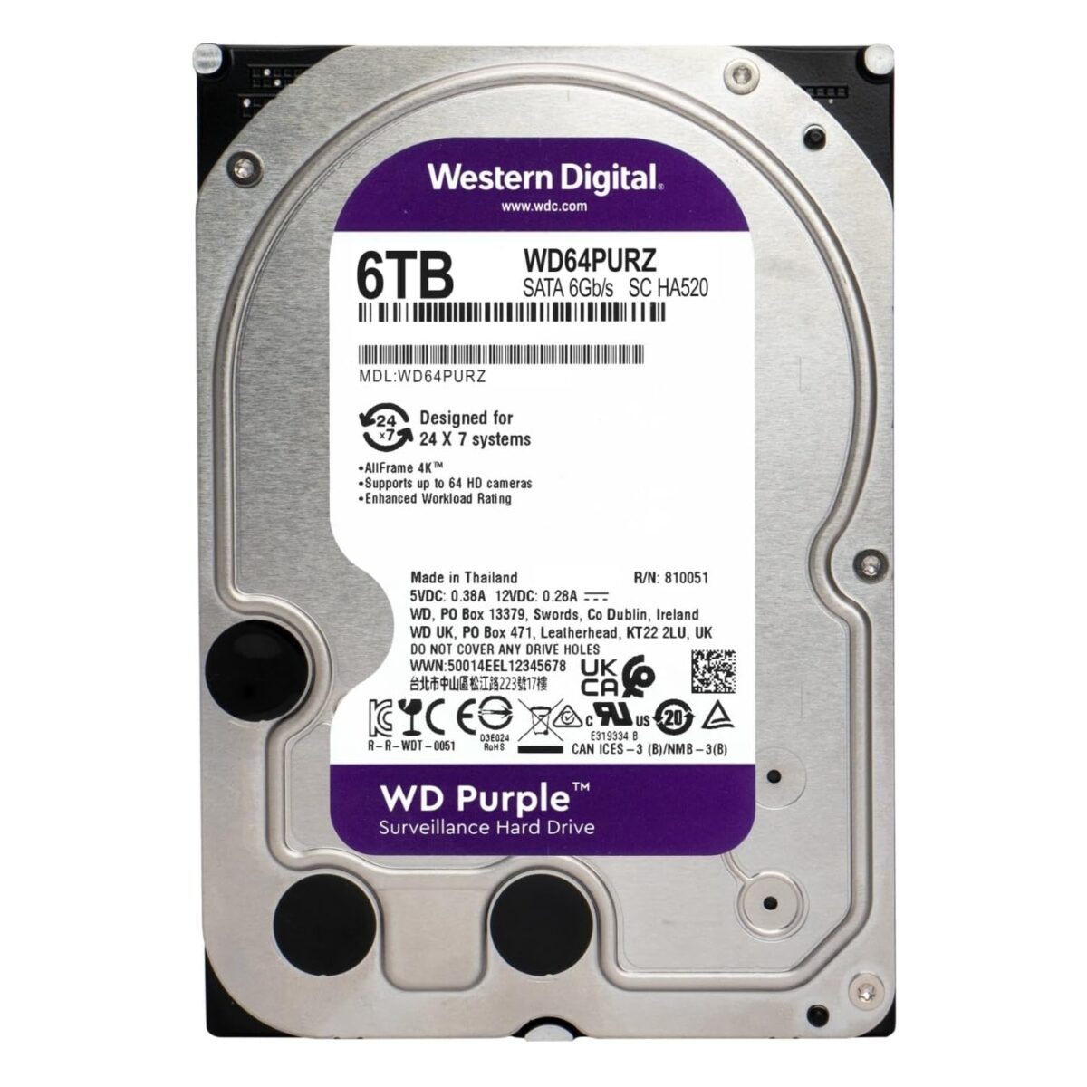 WD 6TB WD64PURZ 5640rpm 256MB Purple SATA III IntelliPower
